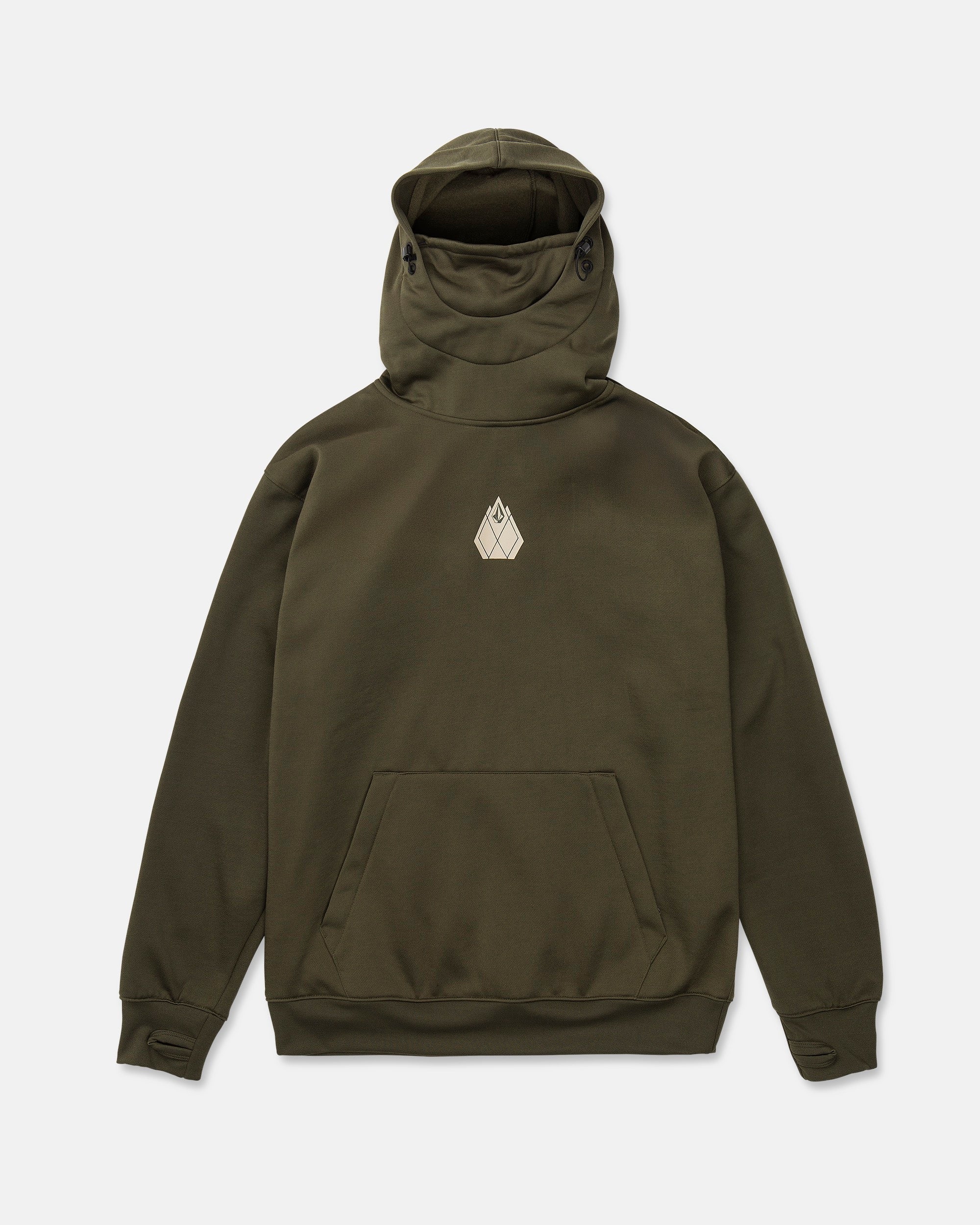 Dark green pullover hoodie with raised hood and small chest diamond logo