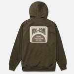 Dark green pullover hoodie with back oval brand patch and kangaroo pocket