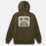 Dark green pullover hoodie with back oval brand patch and kangaroo pocket