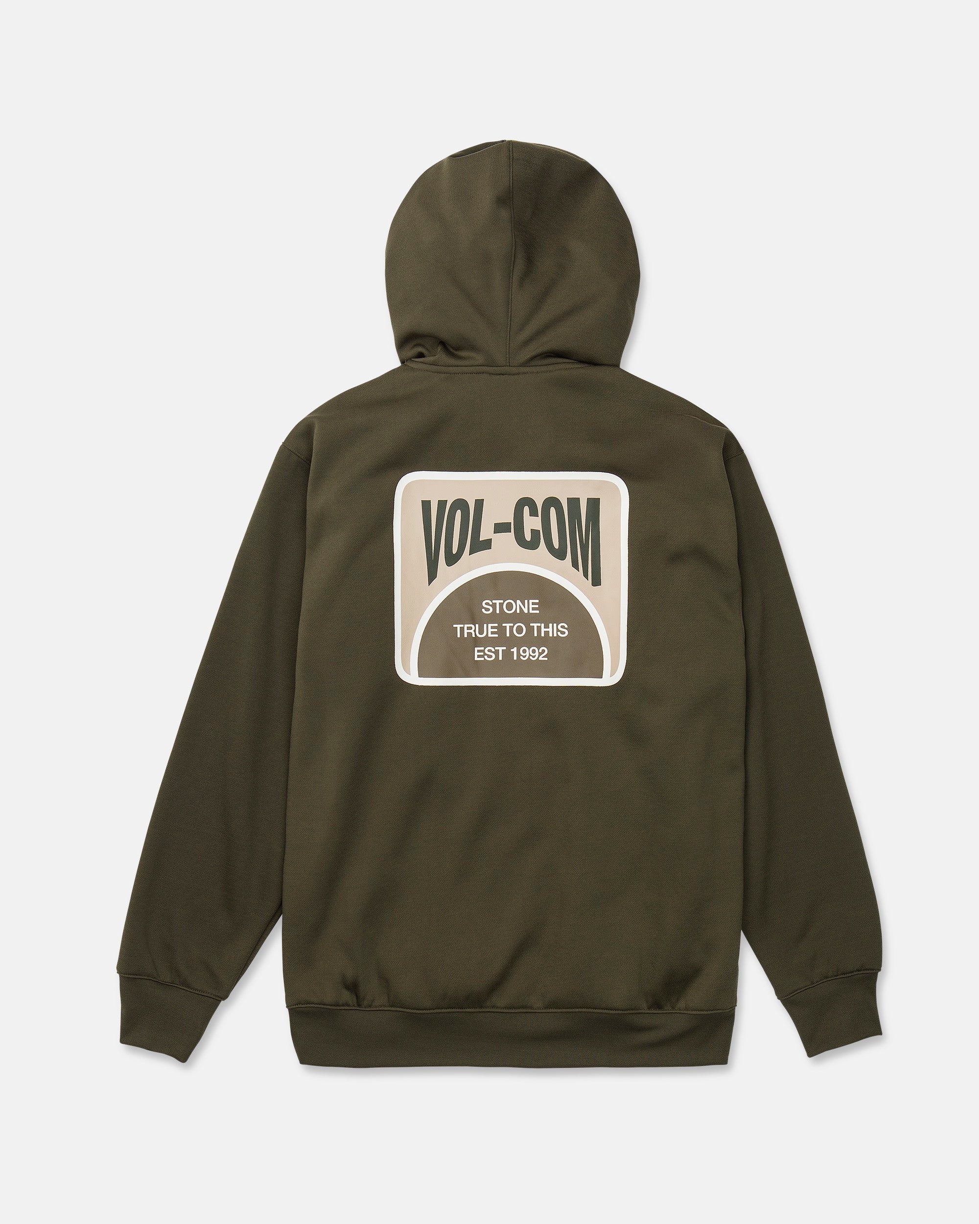 Dark green pullover hoodie with back oval brand patch and kangaroo pocket