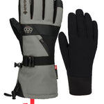 Men's gauntlet gloves showing gray upper and black palm, with thumb panel and strap