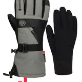 Men's gauntlet gloves showing gray upper and black palm, with thumb panel and strap