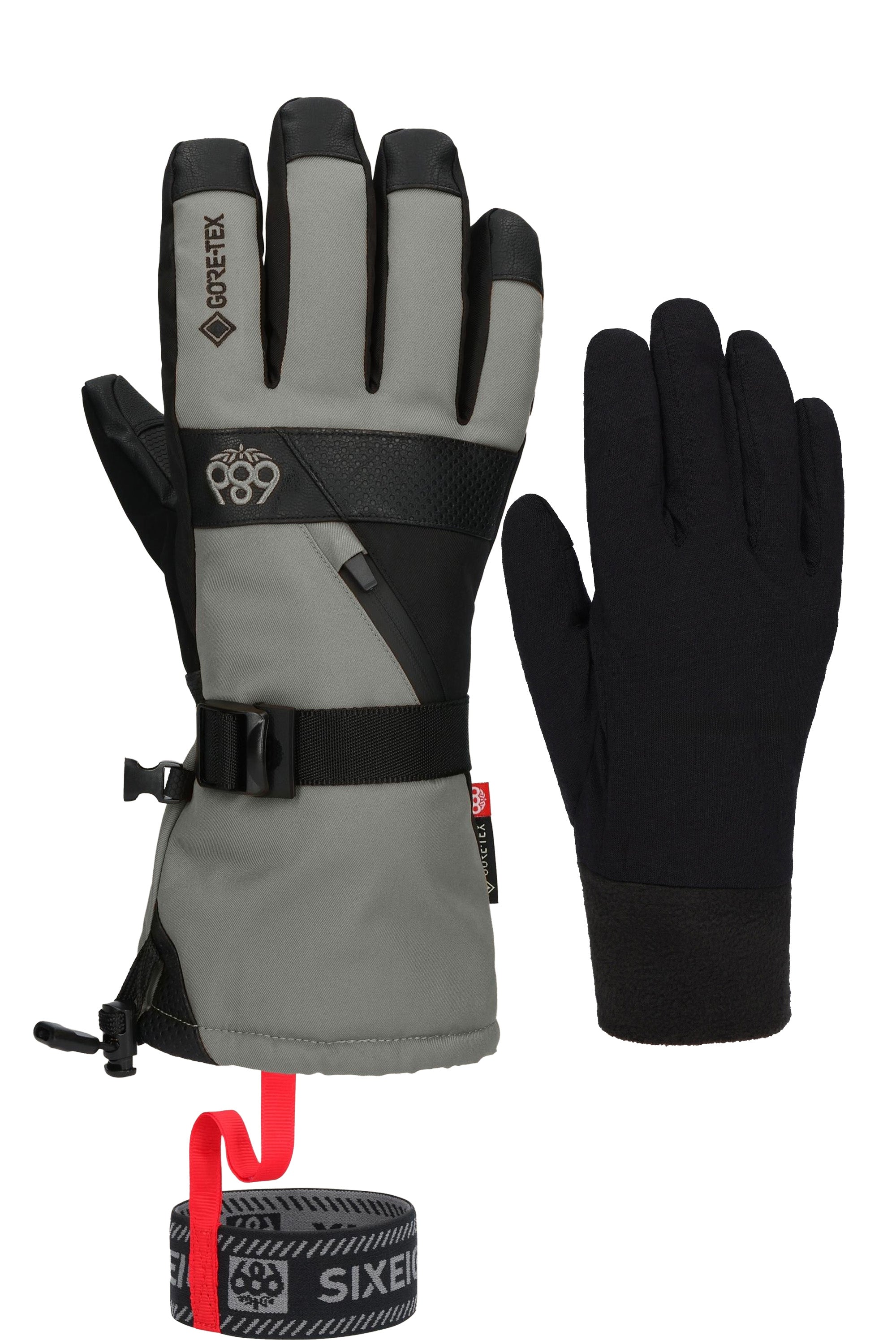 Men's gauntlet gloves showing gray upper and black palm, with thumb panel and strap