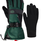 Men's green and black gauntlet gloves with elastic cuff and five-finger coverage