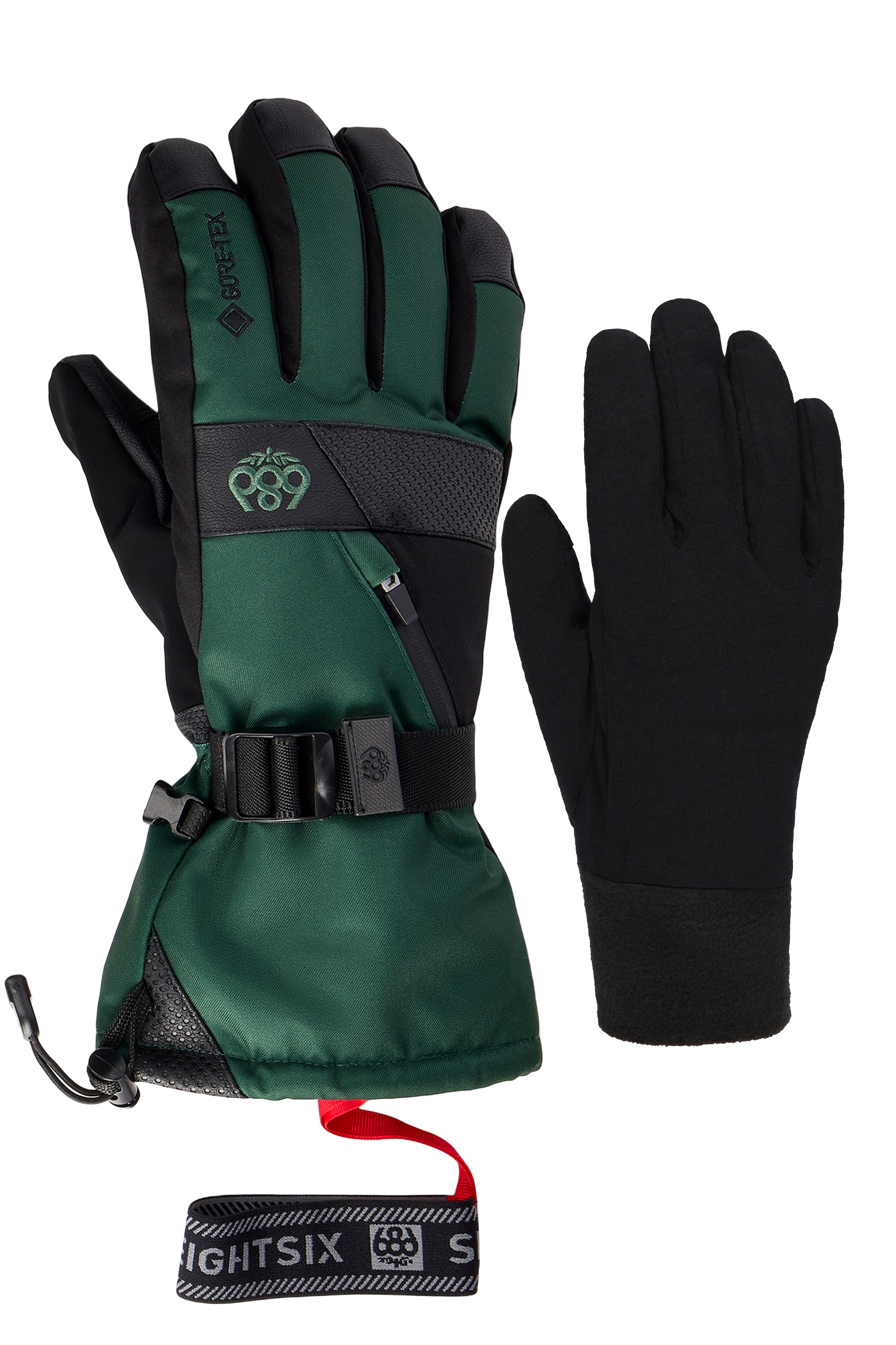 Men's green and black gauntlet gloves with elastic cuff and five-finger coverage