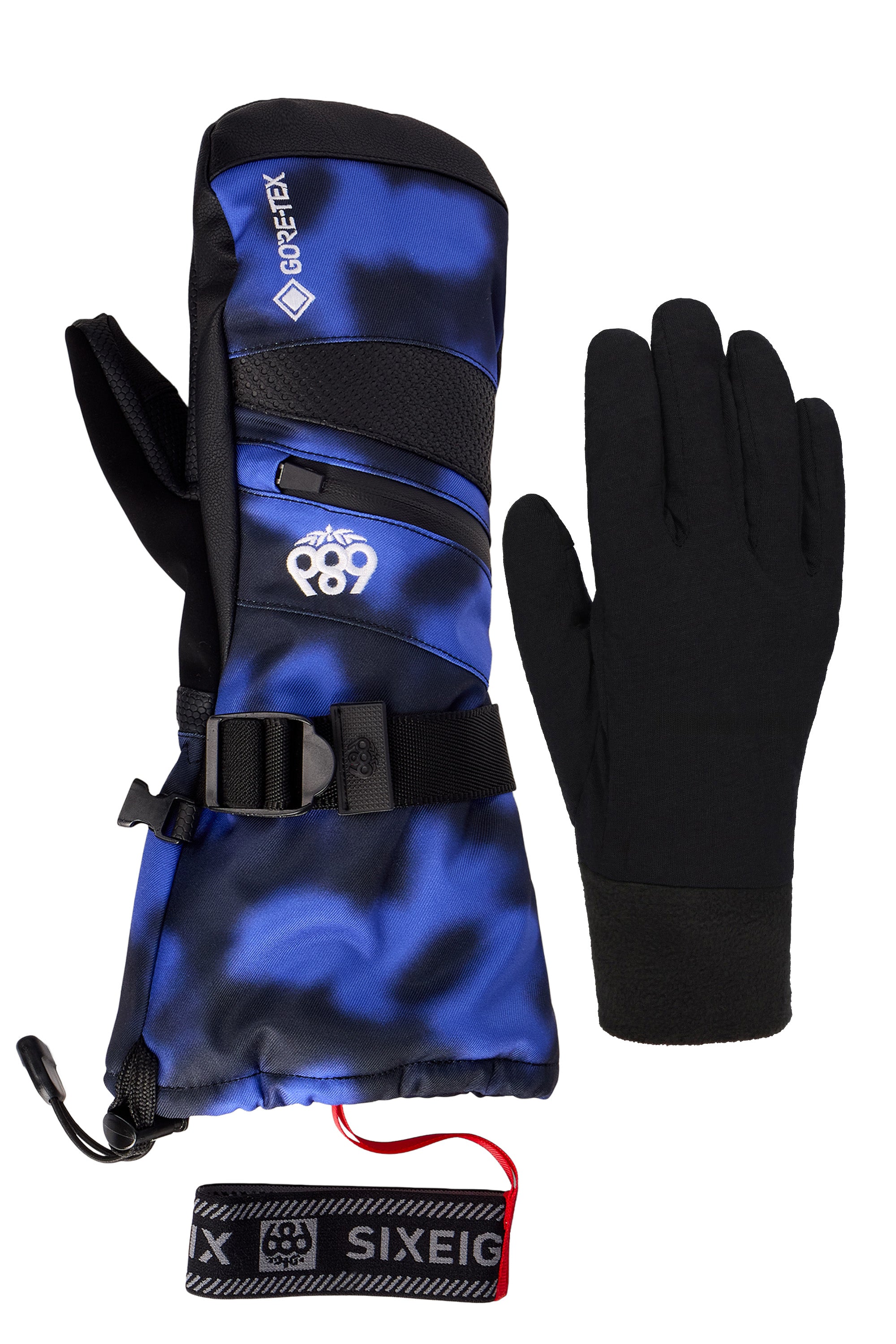 Women’s 3-in-1 gauntlet mitts, blue and black waterproof style with wrist strap