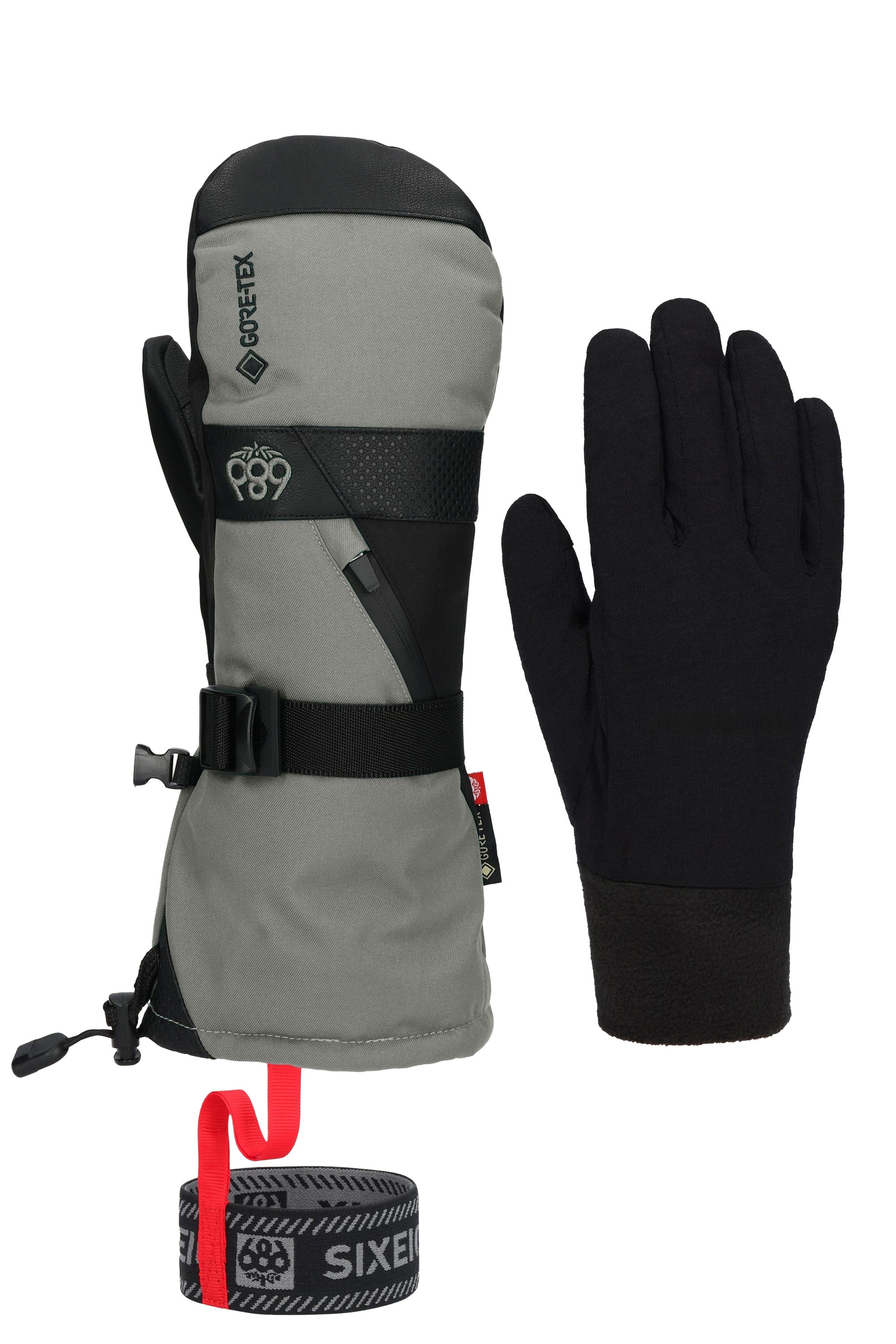 3-in-1 gauntlet mitts, light gray back with black palm and wrist strap