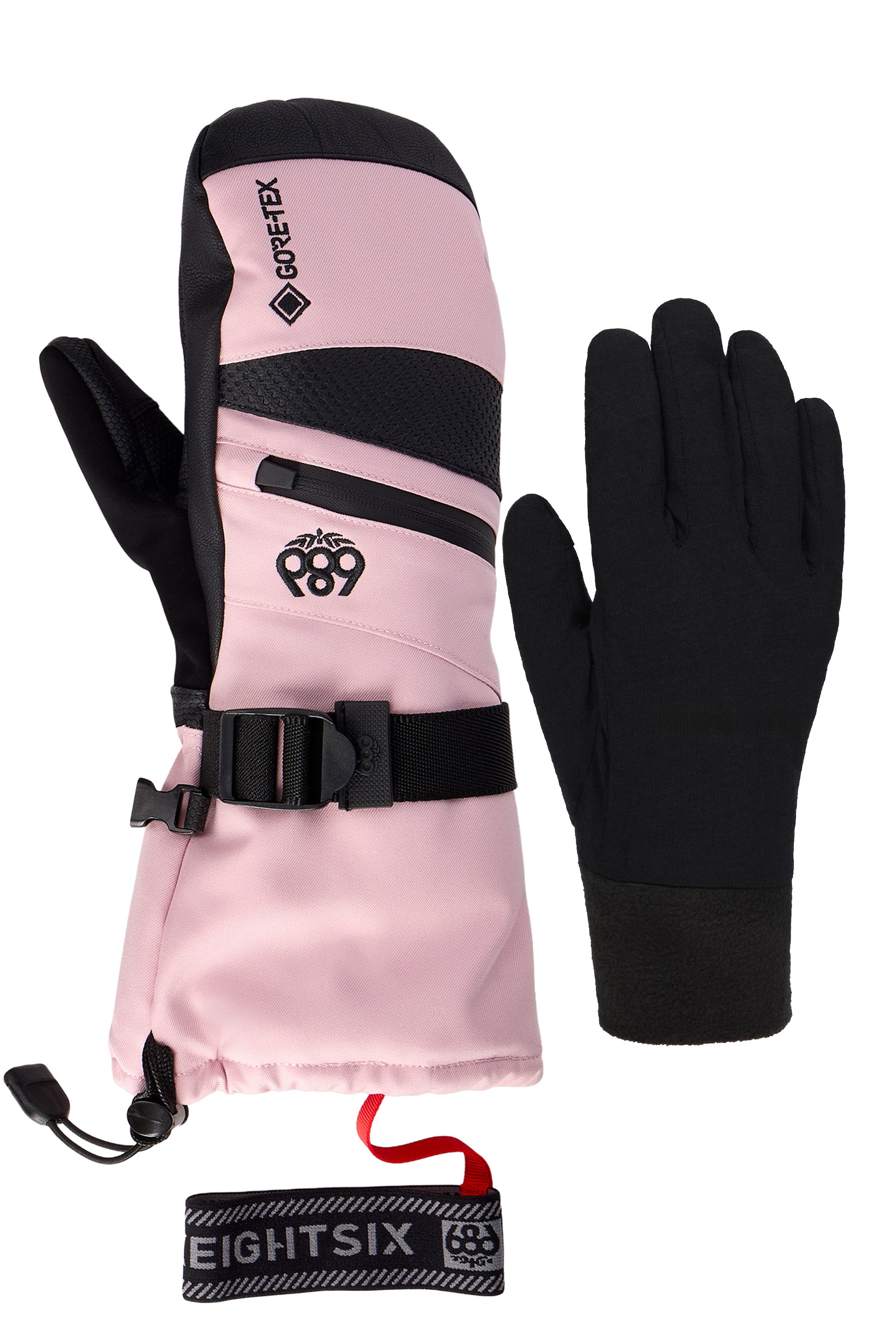 Women’s 3-in-1 gauntlet mitts, pale pink and black with adjustable wrist belt