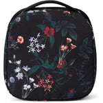 Dakine Goggle Case 2025 - A black case with a white zipper and a small handle on top, featuring a floral pattern of red, blue, and purple flowers.
