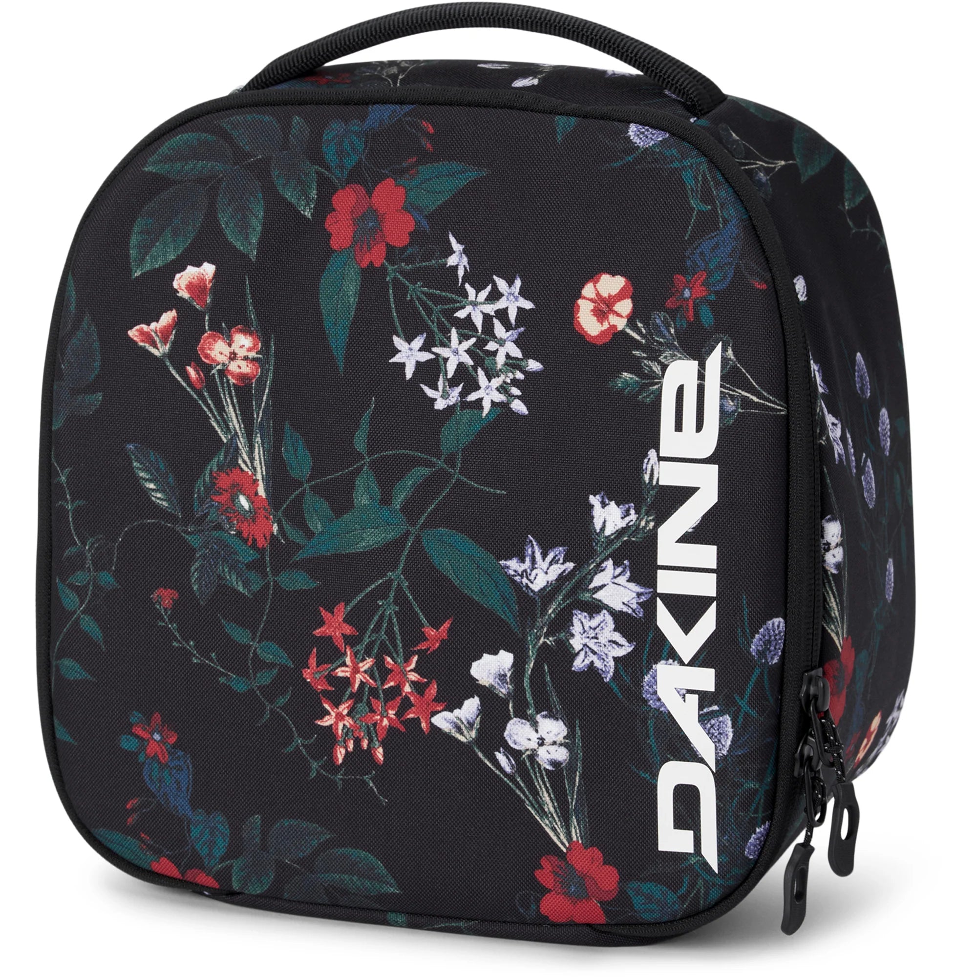 Dakine Goggle Case 2025 - A black case with a white logo and zipper on top, featuring a floral pattern of red, blue, and green flowers.