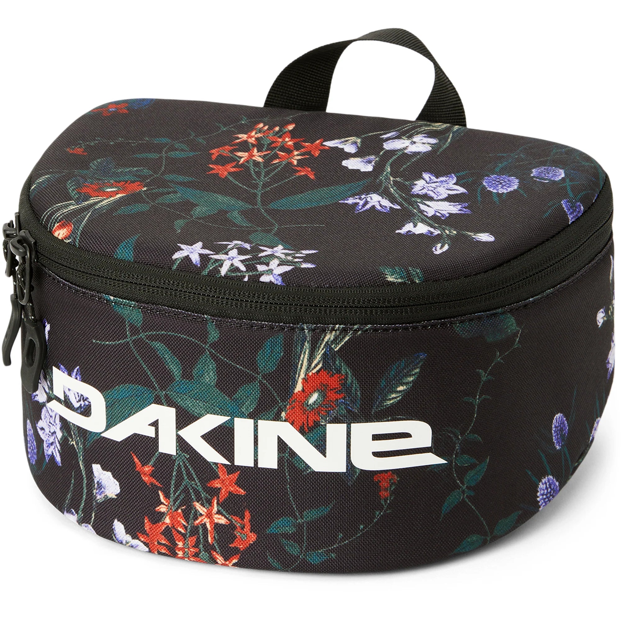 Dakine Goggle Stash Bag 2025 - A black bag with a floral pattern and white lettering, featuring a zippered top and handle on top.