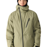 The 686 brand's GORE-TEX Hydra Down Thermagraph Jacket 2025 is displayed in a front view with an olive green color and black accents.