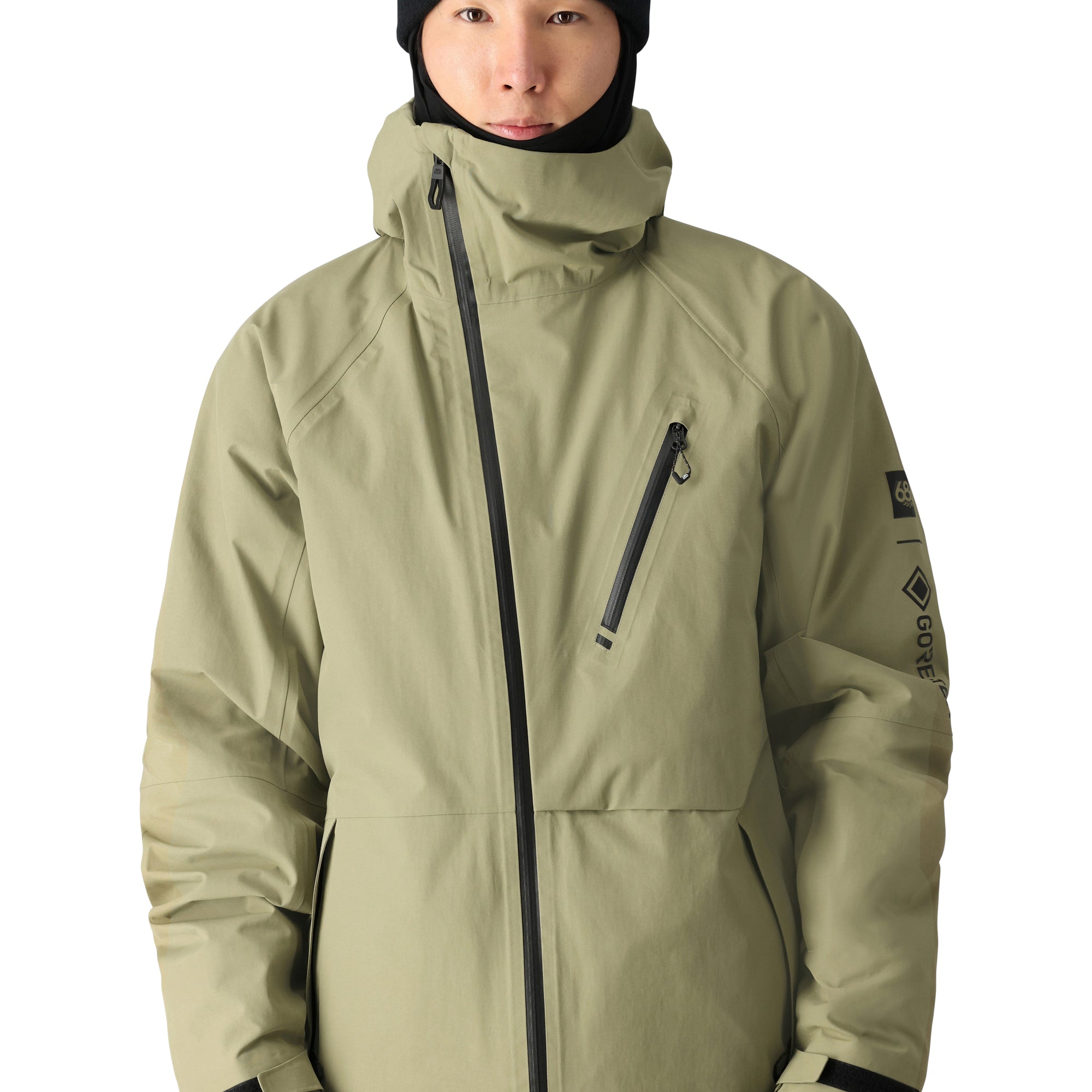 The 686 brand's GORE-TEX Hydra Down Thermagraph Jacket 2025 is displayed in a front view with an olive green color and black accents.