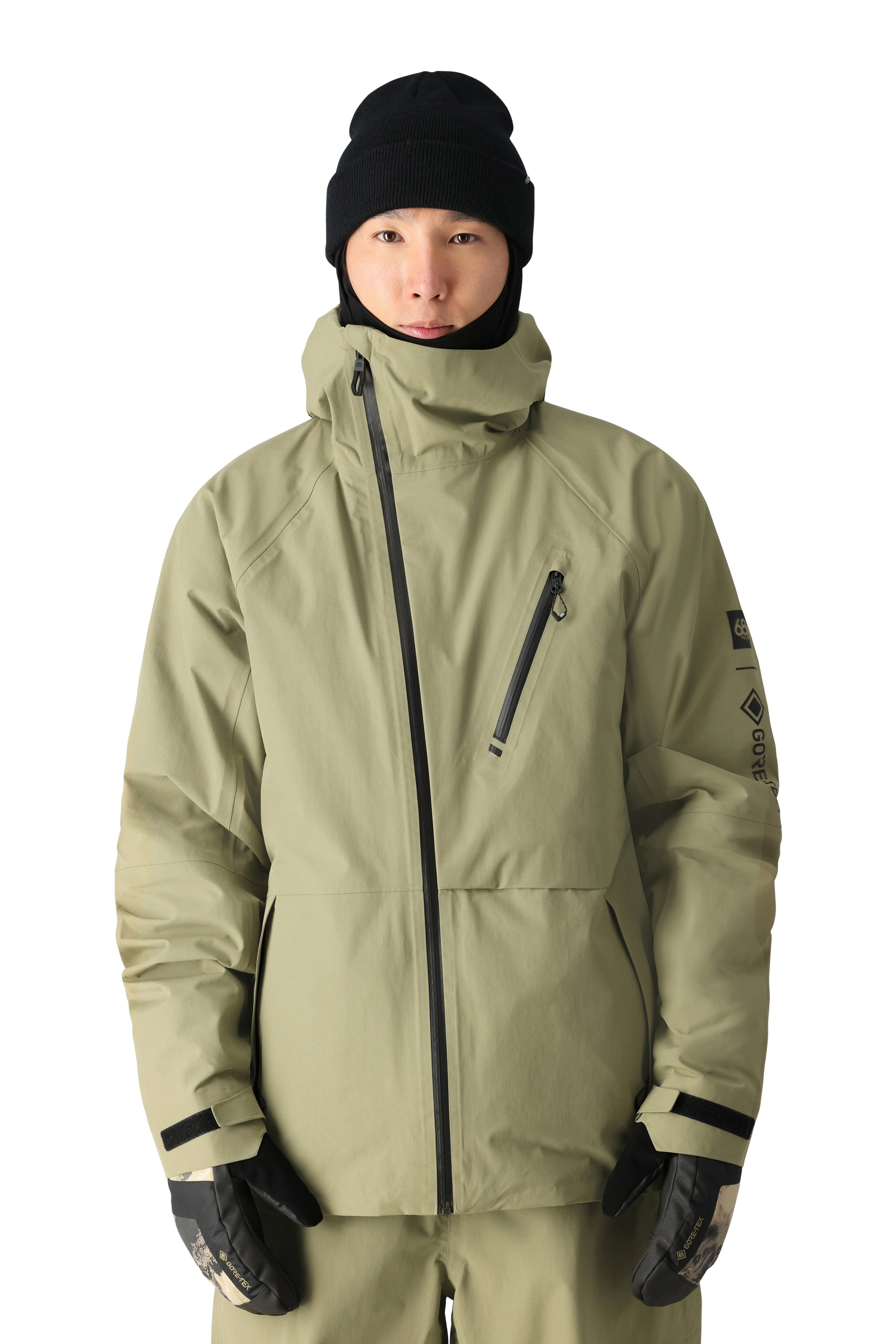 The 686 brand's GORE-TEX Hydra Down Thermagraph Jacket 2025 is displayed in a front view with an olive green color and black accents.