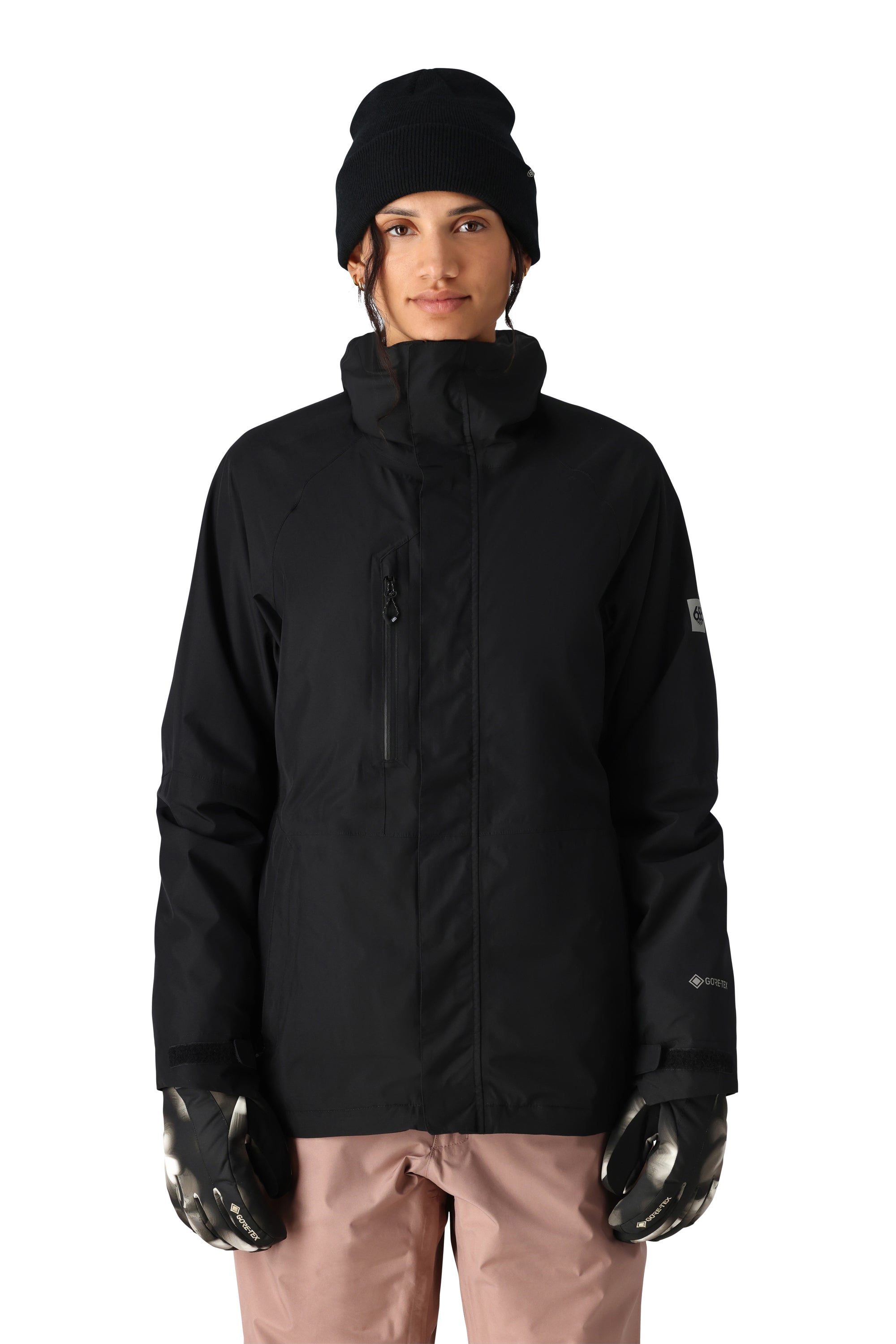 The 686 Women's GORE-TEX Willow Insulated Jacket in black has a high collar and zippered chest pocket on a front view.