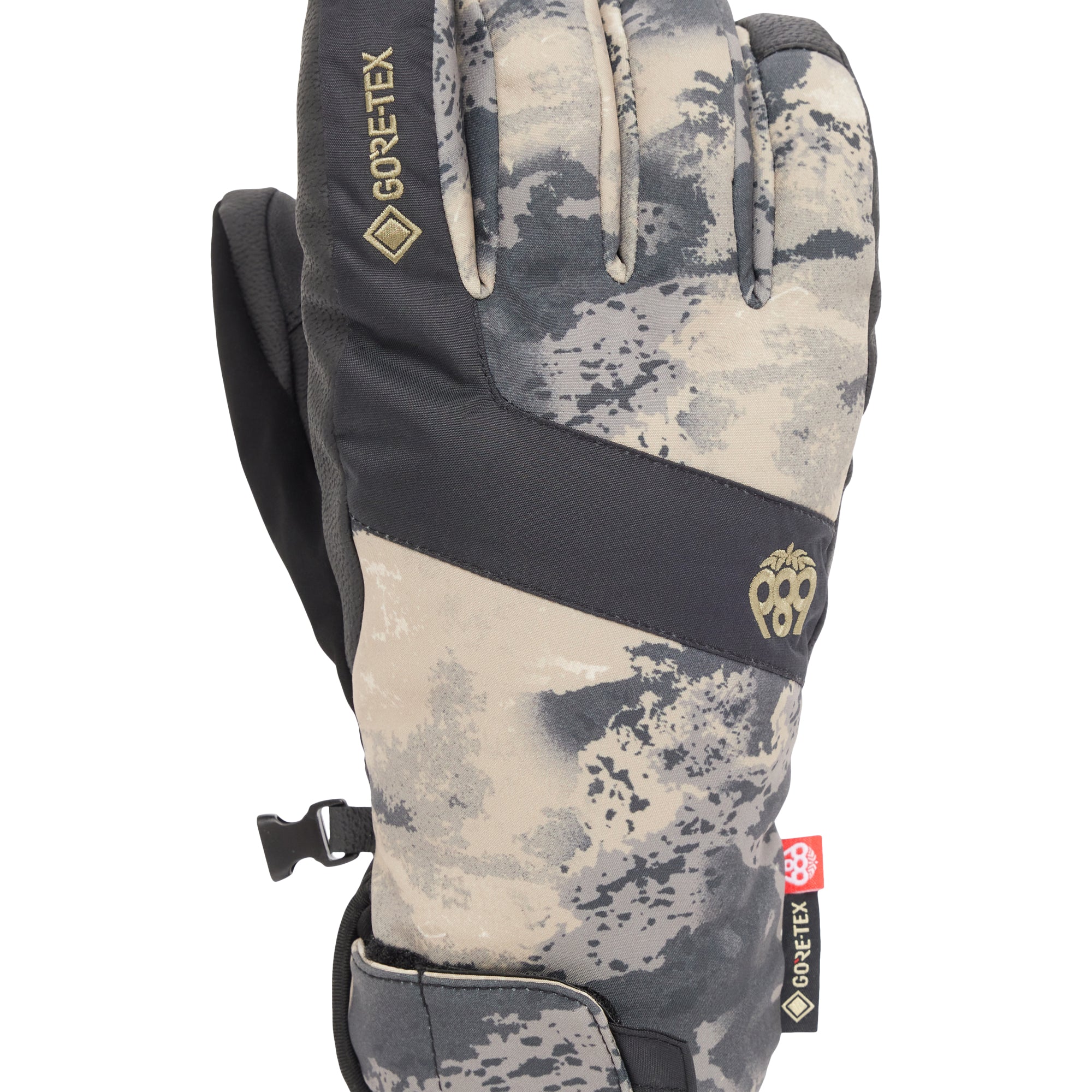 The 686 Men's GORE-TEX Linear Under Cuff Glove 2025 is shown in a front view with a gray and tan camouflage pattern.