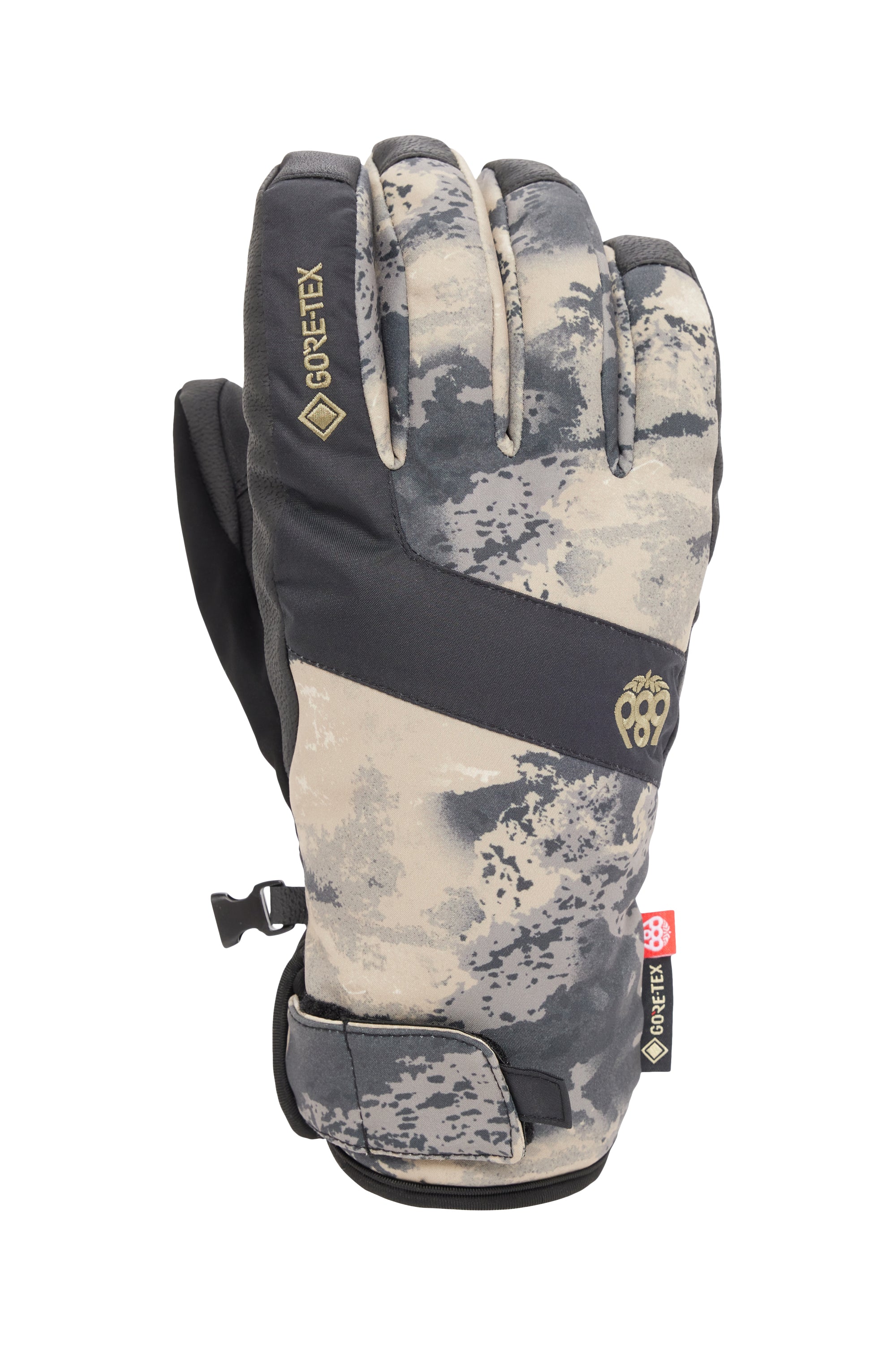 The 686 Men's GORE-TEX Linear Under Cuff Glove 2025 is shown in a front view with a gray and tan camouflage pattern.