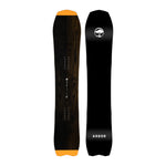 Arbor GPS Snowboard 2025 - A black snowboard with a white logo featuring an arched tree and a small bird, positioned at the top right corner of the board.
