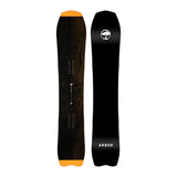 Arbor GPS Snowboard 2025 - A black snowboard with a white logo featuring an arched tree and a small bird, positioned at the top right corner of the board.