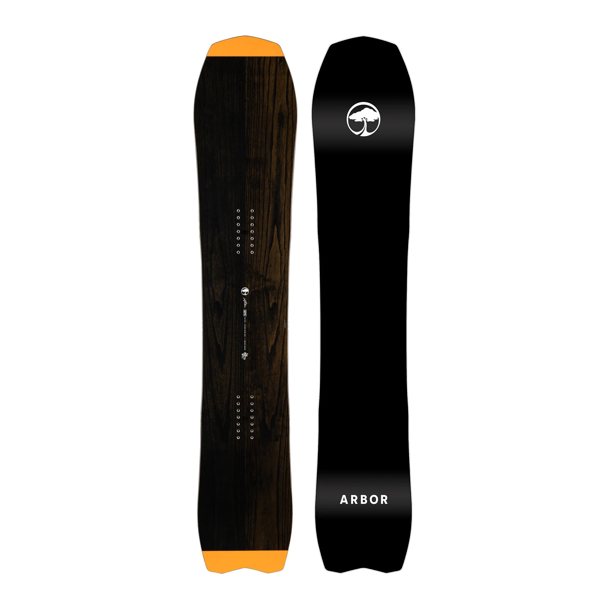 Arbor GPS Snowboard 2025 - A black snowboard with a white logo featuring an arched tree and a small bird, positioned at the top right corner of the board.