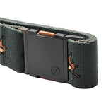 Arcade Get Outside Belt 2025 - A dark green belt with a woven pattern, featuring an orange logo on the left side.
