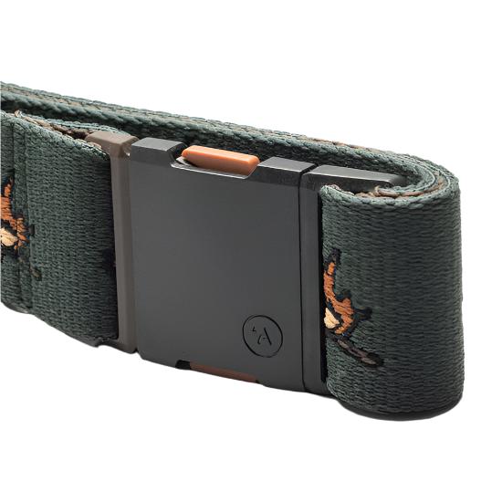 Arcade Get Outside Belt 2025 - A dark green belt with a woven pattern, featuring an orange logo on the left side.