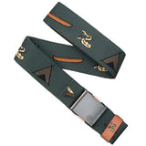 Arcade Get Outside Belt 2025 - A dark green belt with a brown logo featuring a stick figure riding a snowboard on it.
