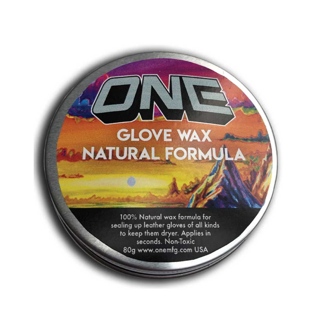 Oneball Leather Waterproofing Glove Wax - A round tin with a silver lid, featuring a label that reads "ONE" in large gray letters at the top and "GLOVE WAX NATURAL FORMULA" below. The background of the label is an orange sky with clouds and mountains.