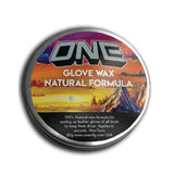 Oneball Leather Waterproofing Glove Wax - A round tin with a silver lid, featuring a label that reads "ONE" in large gray letters at the top and "GLOVE WAX NATURAL FORMULA" below. The background of the label is an orange sky with clouds and mountains.