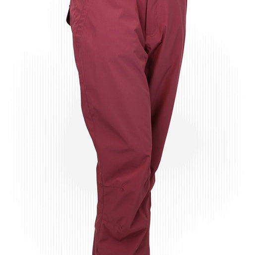 Women’s maroon shell pant with zip pockets and belt loops