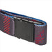 Charcoal gray belt with red and blue embroidered designs, secured with a black plastic buckle.