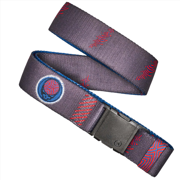 A charcoal gray belt with red and blue embroidered designs and a black plastic buckle.