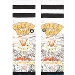 Stance x Green Day Basket Case Crew Sock 2024 - A pair of white crew socks with a repeating pattern of black and yellow "Basket Case" lyrics in bubble letters.