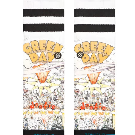 Stance x Green Day Basket Case Crew Sock 2024 - A pair of white crew socks with a repeating pattern of black and yellow "Basket Case" lyrics in bubble letters.