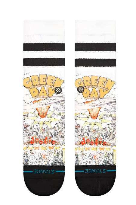 Stance x Green Day Basket Case Crew Sock 2024 - A pair of white crew socks with a repeating pattern of black and yellow "Basket Case" lyrics in bubble letters.