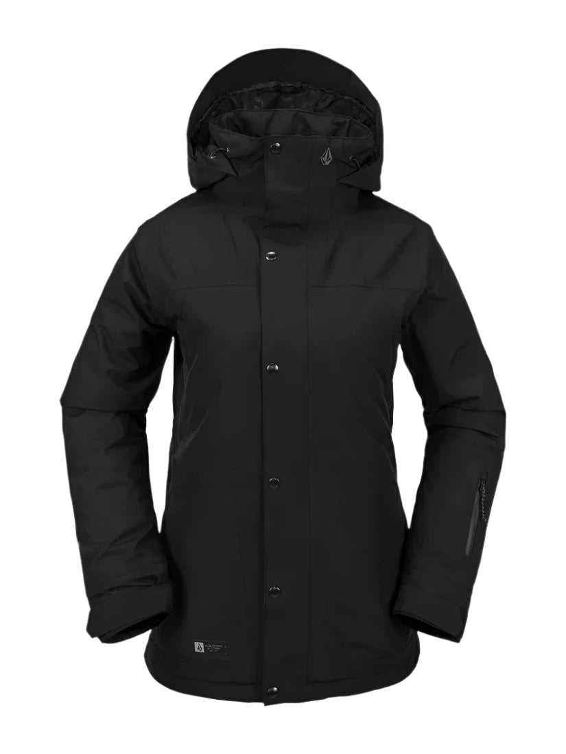 ELL INS GORE JACKET LDS 2024 - A black jacket with a hood, featuring a zippered front and two pockets on either side.