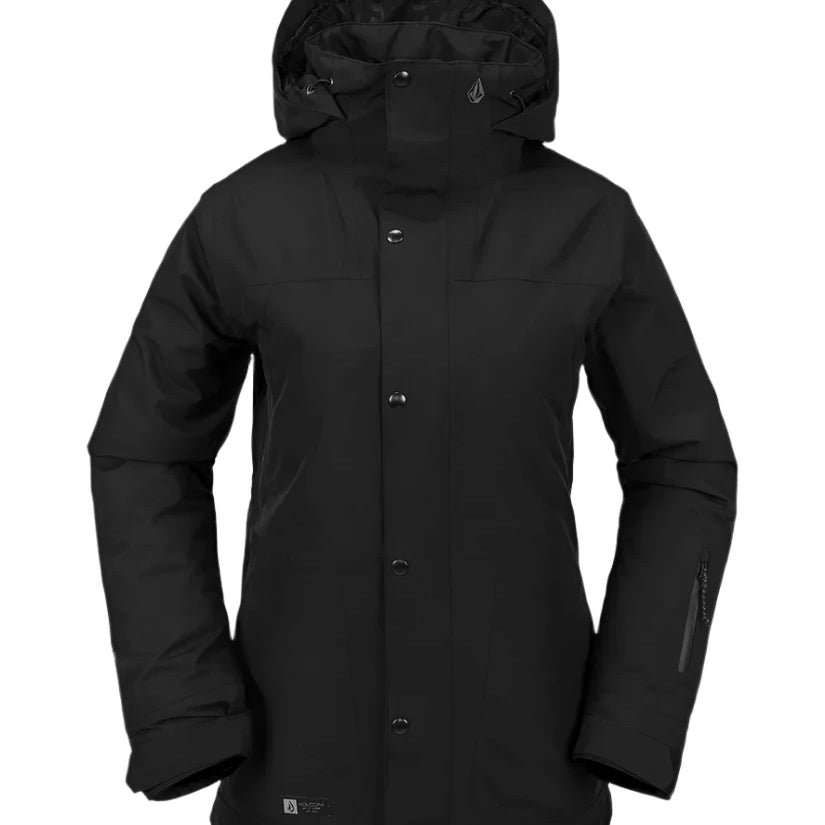ELL INS GORE JACKET LDS 2024 - A black jacket with a hood, featuring a zippered front and two pockets on either side.