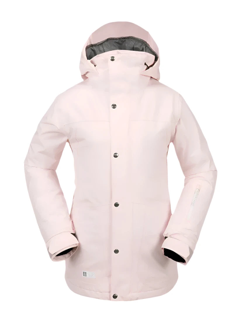 ELL INS GORE JACKET LDS 2024 - A light pink jacket with a hood, featuring silver snap buttons and a black zipper.