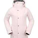ELL INS GORE JACKET LDS 2024 - A light pink jacket with a hood, featuring silver snap buttons and a black zipper.