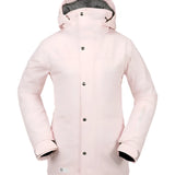 ELL INS GORE JACKET LDS 2024 - A light pink jacket with a hood, featuring silver snap buttons and a black zipper.