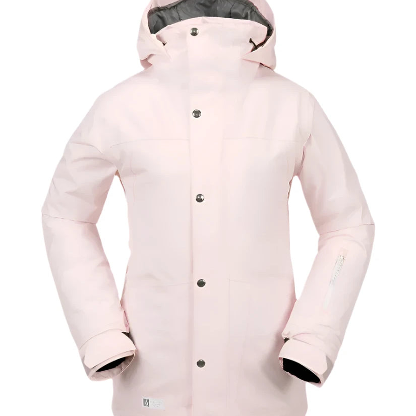 ELL INS GORE JACKET LDS 2024 - A light pink jacket with a hood, featuring silver snap buttons and a black zipper.
