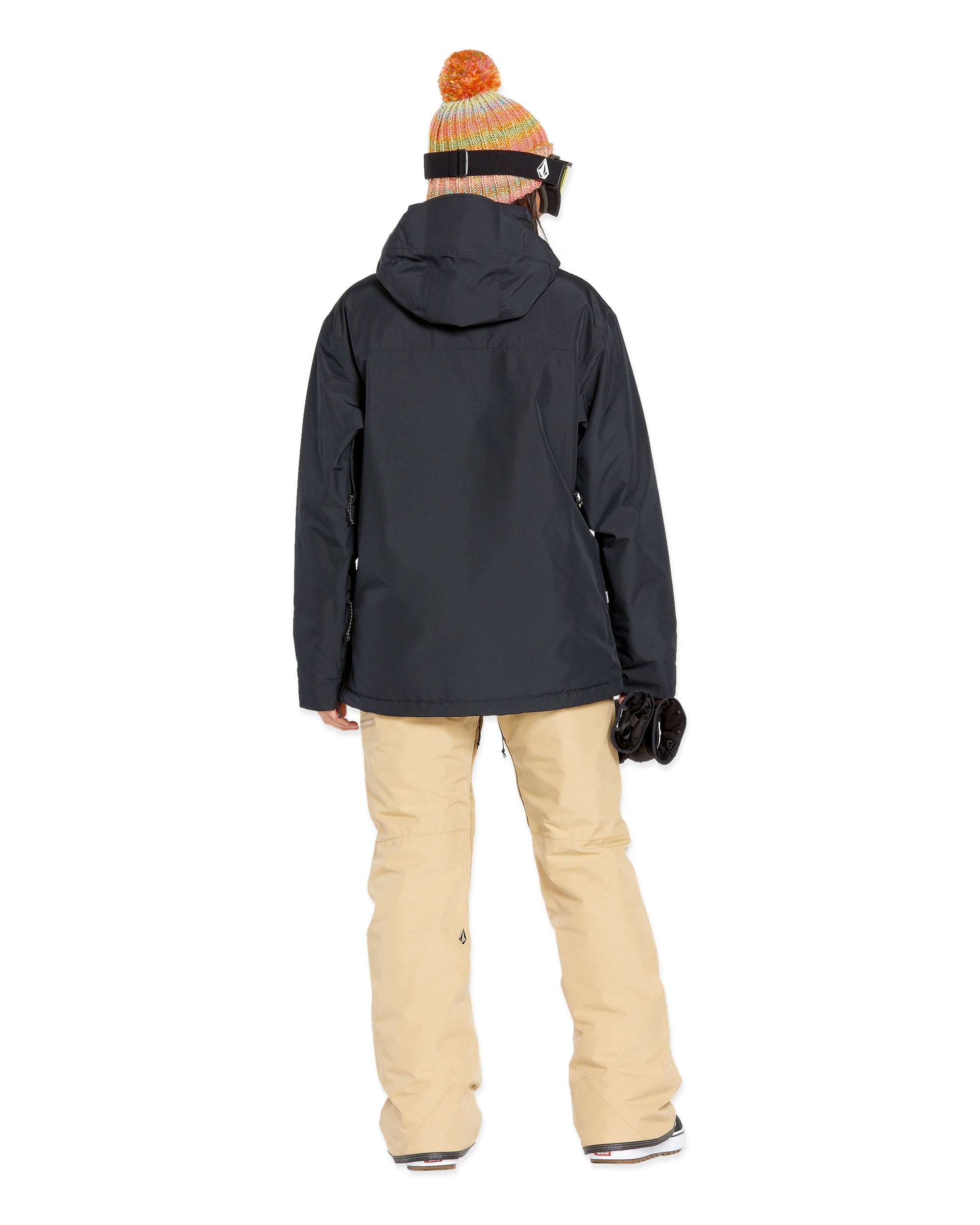 Volcom Women's Fern Insulated GORE-TEX Pullover - A black insulated jacket with a hood, featuring a zippered front and two side pockets.