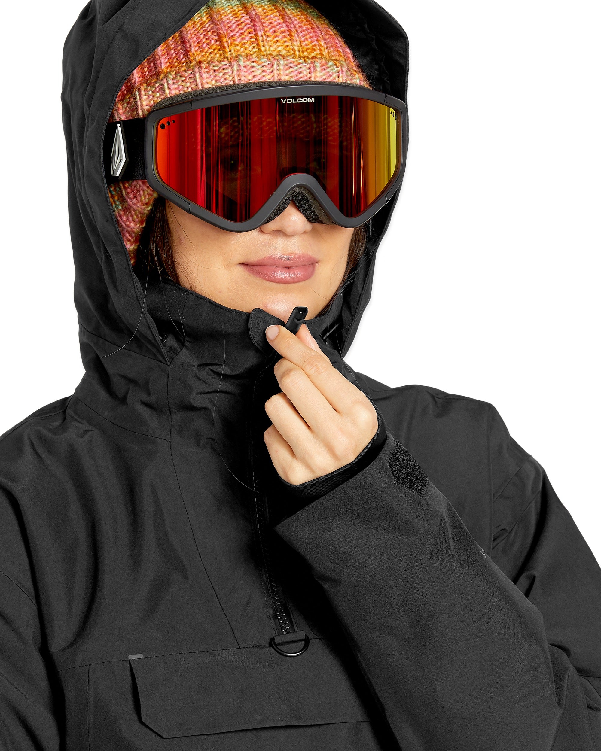 Volcom Women's Fern Insulated GORE-TEX Pullover - A black insulated pullover with a hood, featuring a zippered chest pocket and adjustable cuffs.