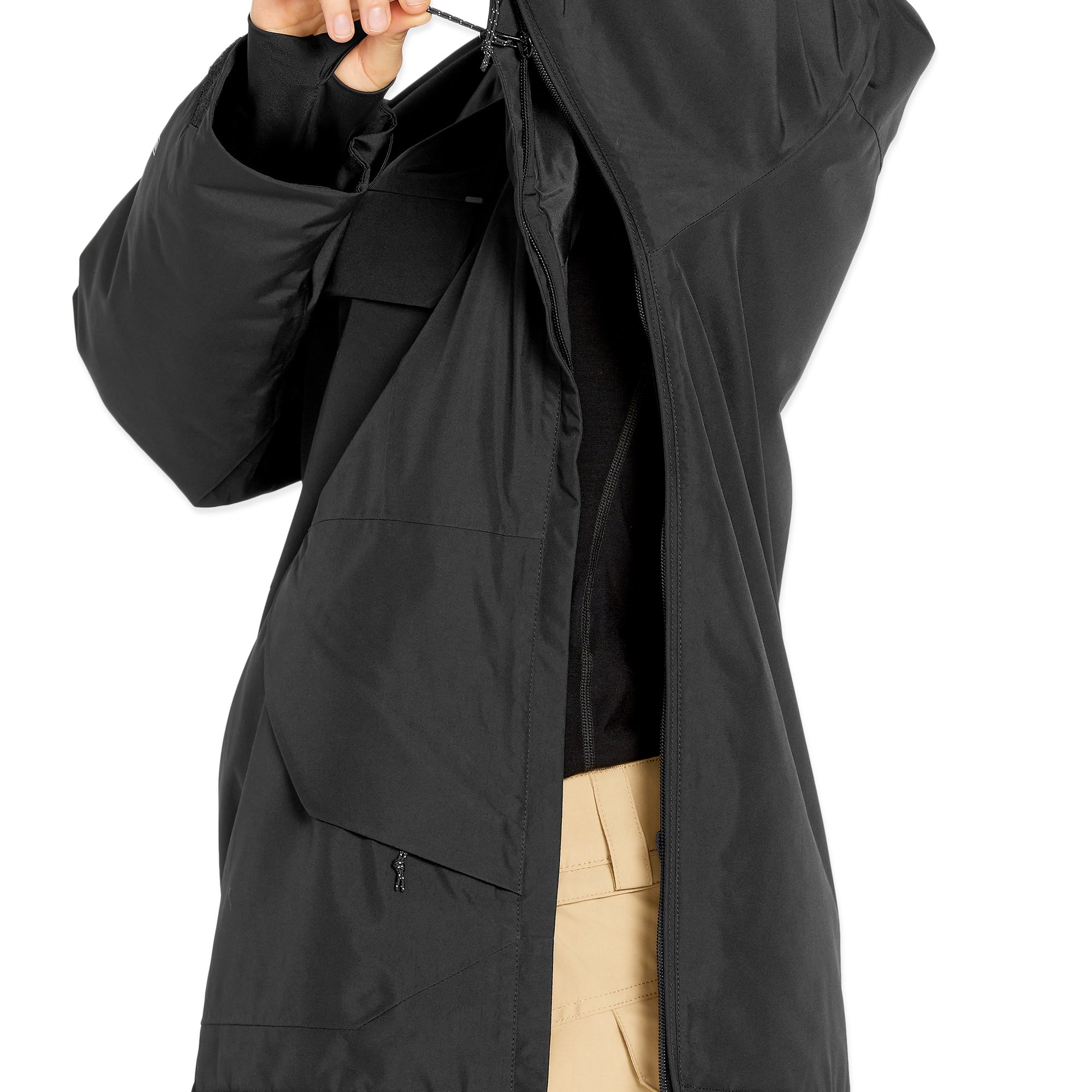 Volcom Women's Fern Insulated GORE-TEX Pullover - A black insulated pullover with a hood, featuring a zippered front and two pockets on either side.