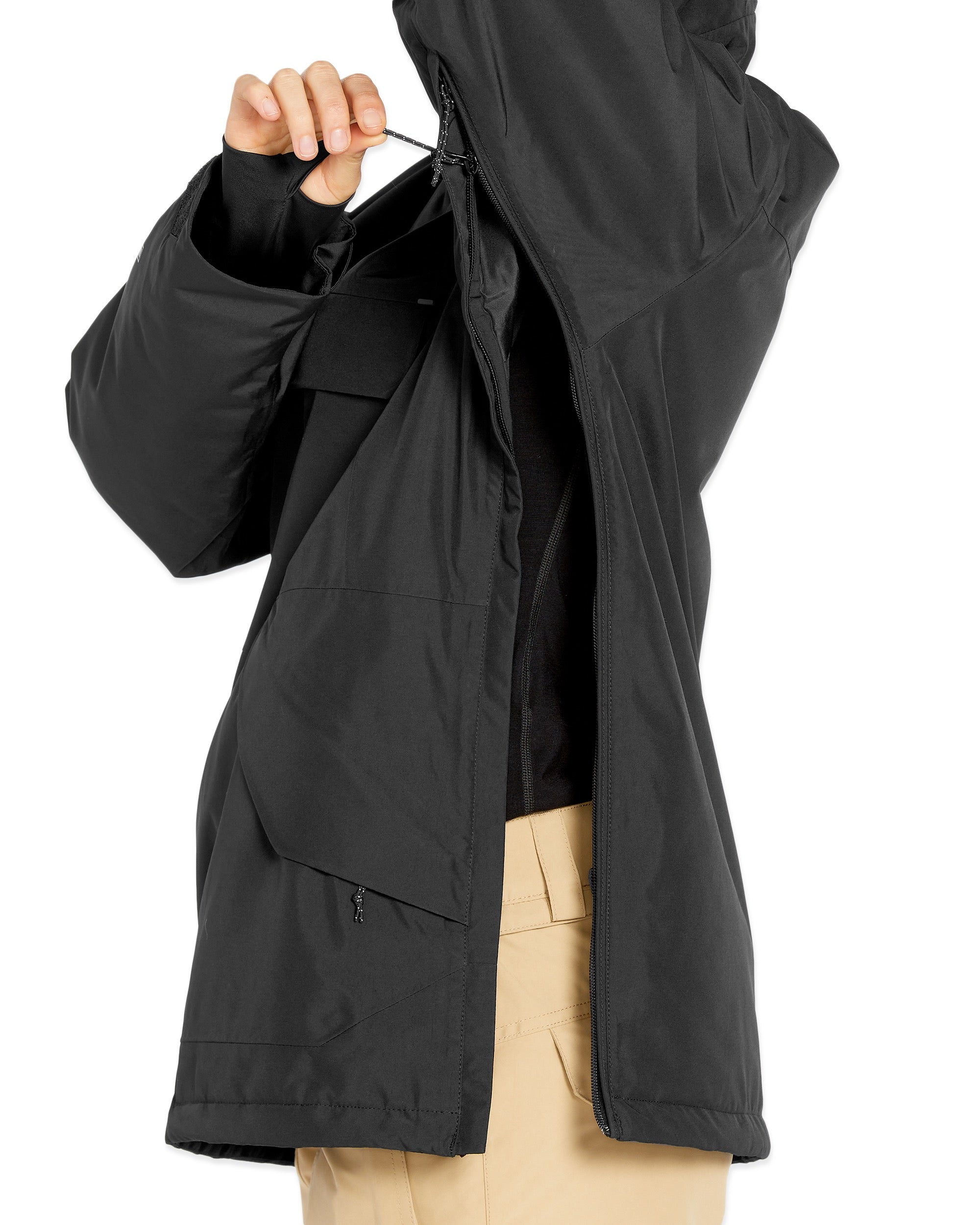 Volcom Women's Fern Insulated GORE-TEX Pullover - A black insulated pullover with a hood, featuring a zippered front and two pockets on either side.