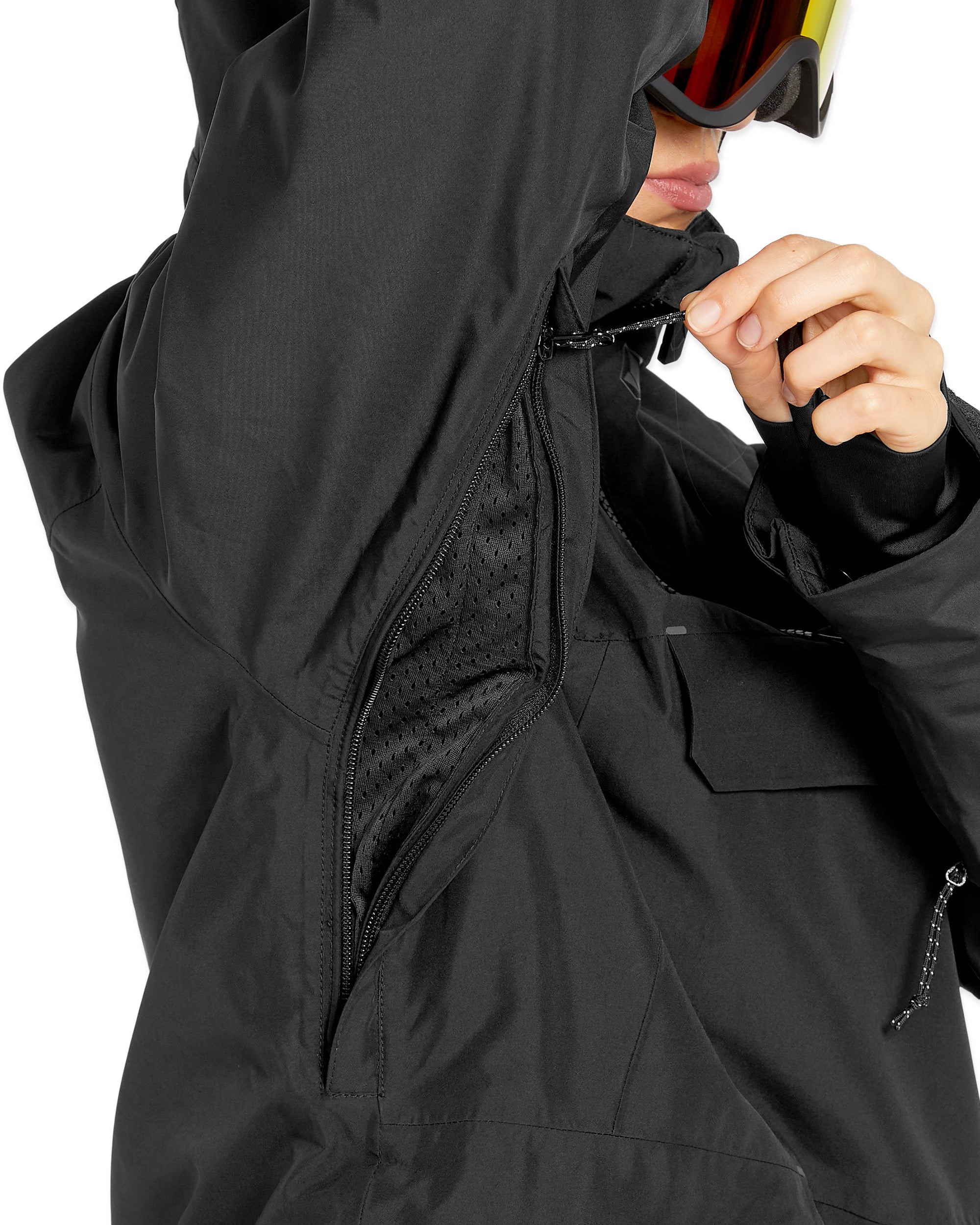 Volcom Women's Fern Insulated GORE-TEX Pullover - A black insulated pullover with a hood, featuring a zippered front and two pockets on the side.