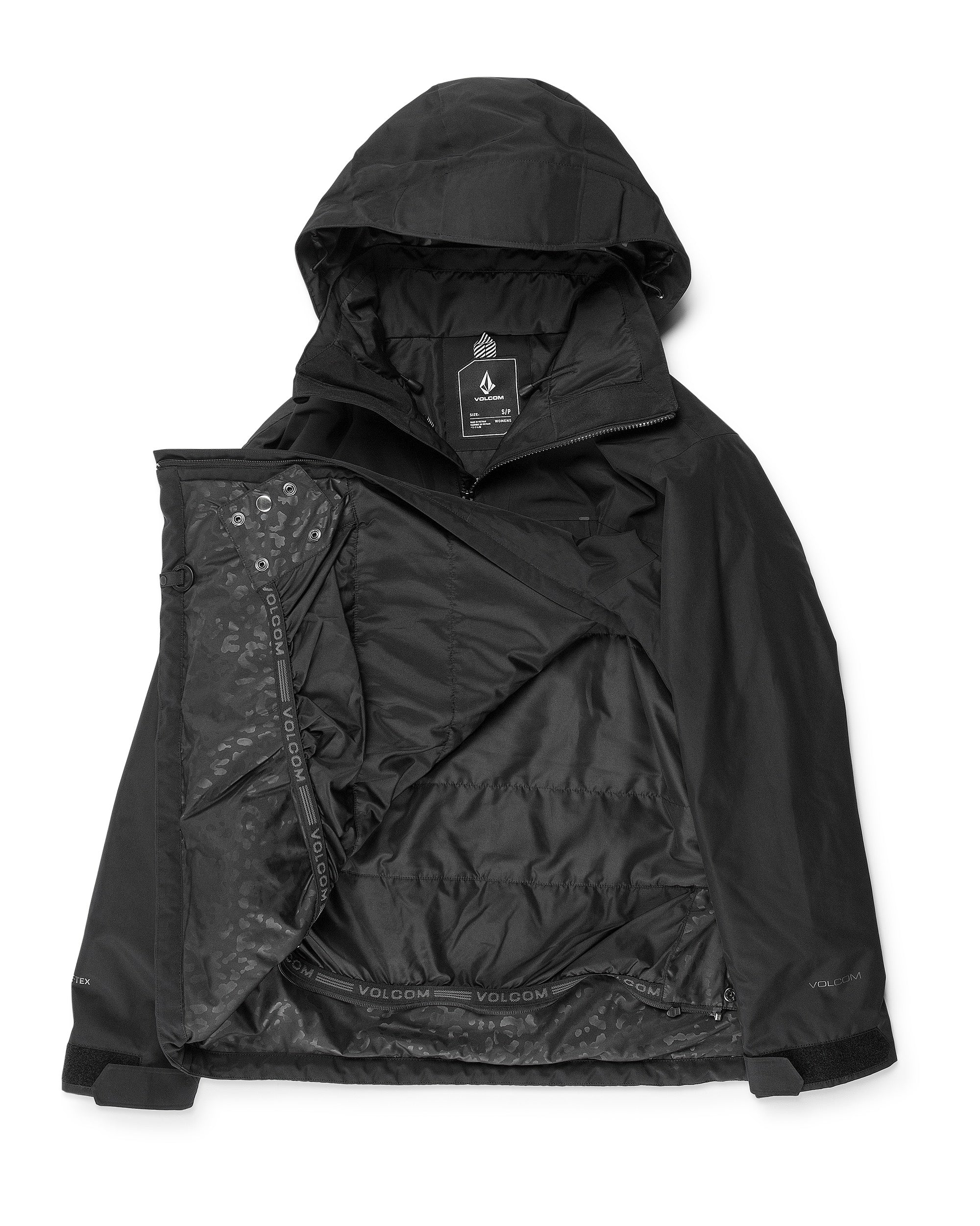 Volcom Women's Fern Insulated GORE-TEX Pullover - A black insulated jacket with a hood, featuring a zipper and two pockets on the front.