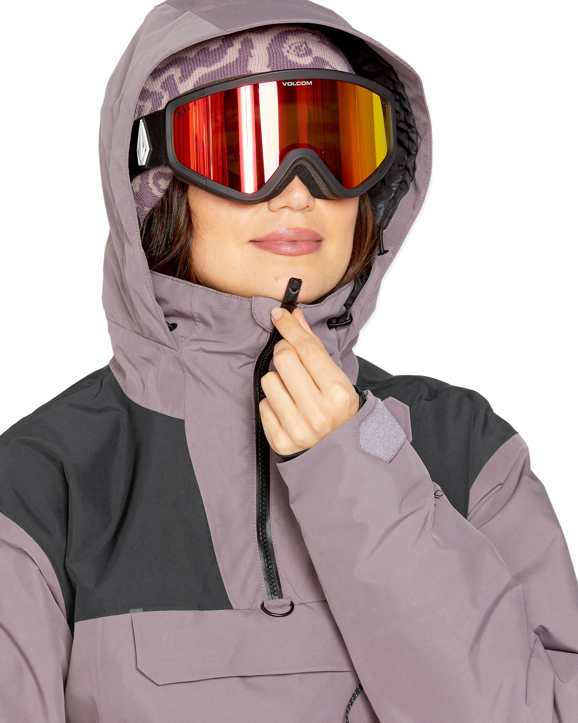 Volcom Women's Fern Insulated GORE-TEX Pullover - A purple and black insulated jacket with a hood, featuring a zipper closure and two pockets on the front.