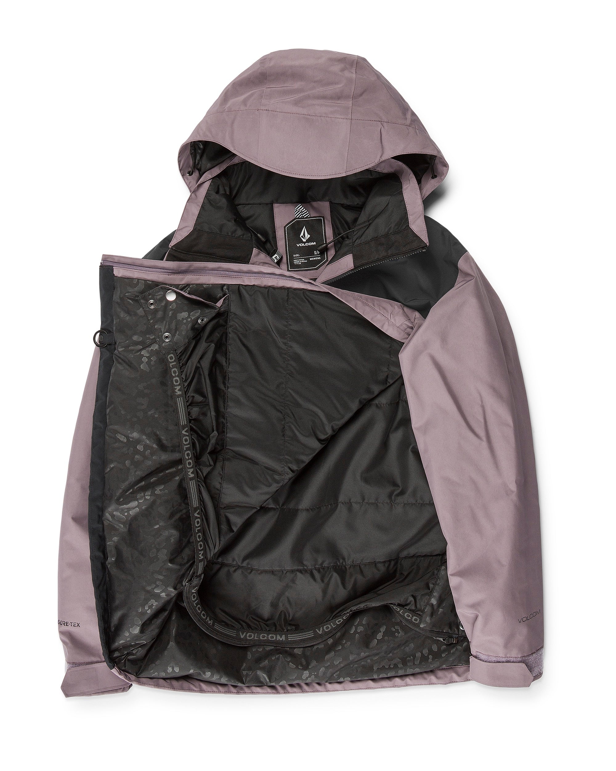Volcom Women's Fern Insulated GORE-TEX Pullover - A black insulated jacket with a hood, featuring a zipper and two pockets on the front.