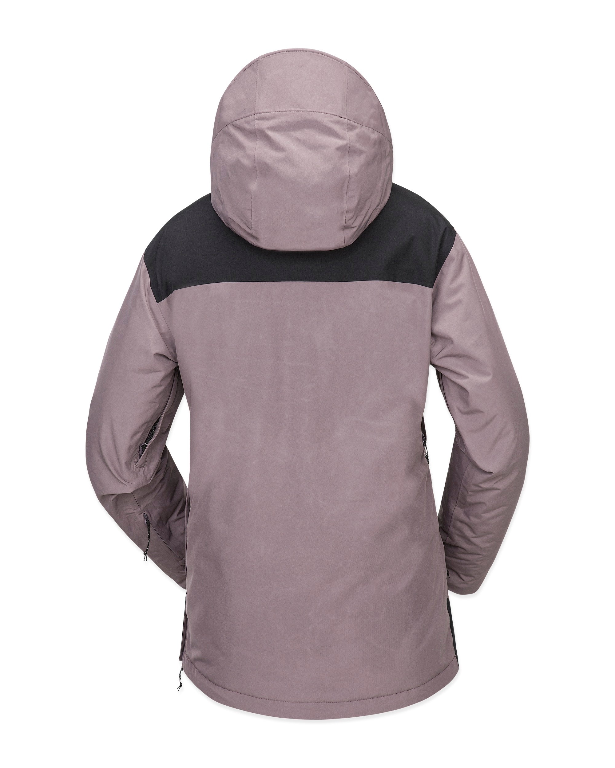 Volcom Women's Fern Insulated GORE-TEX Pullover - A women's insulated pullover jacket with a black and grey color block design, featuring a hood and zippered pockets.